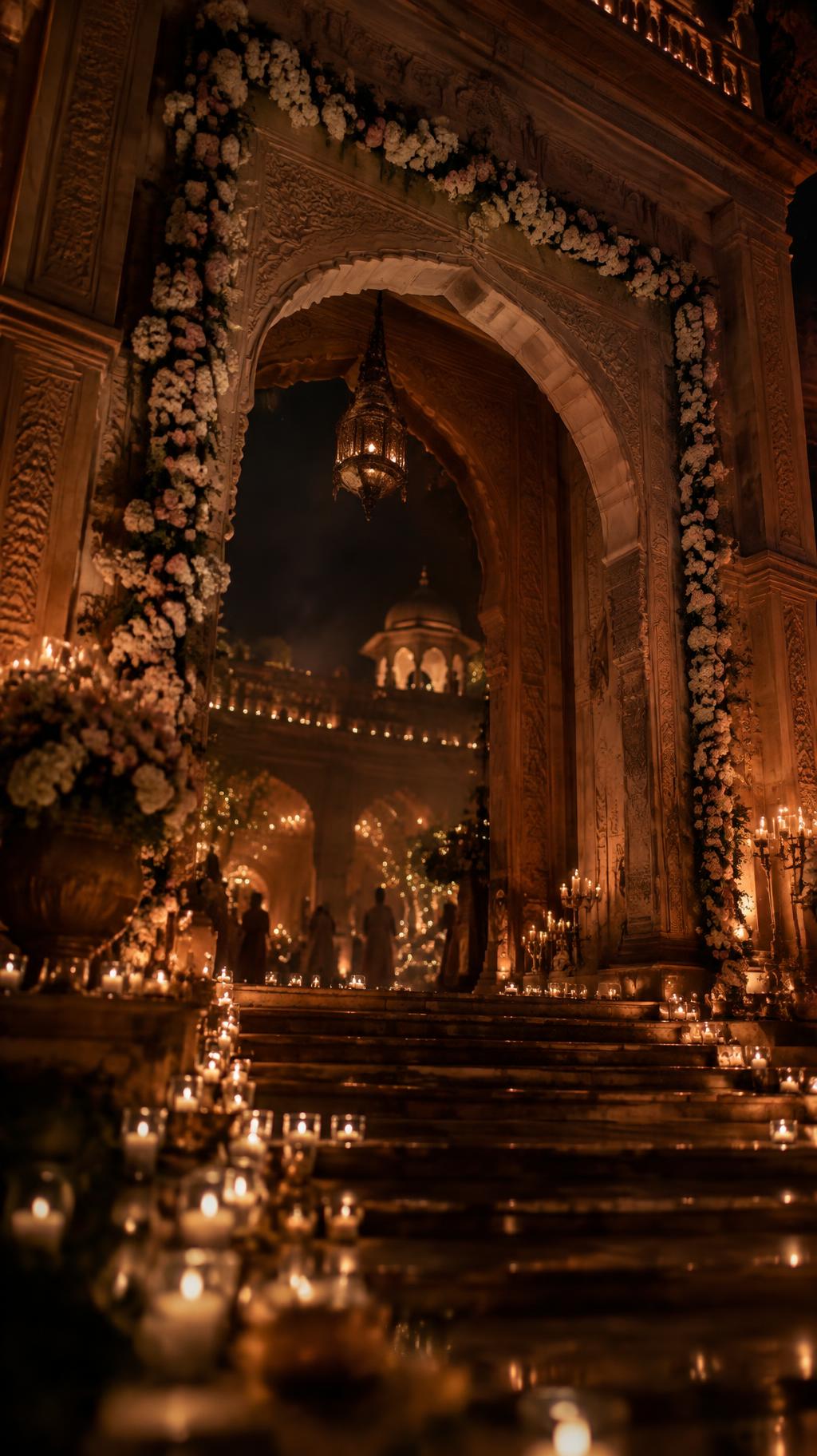 Candlelit palace archway with flowers